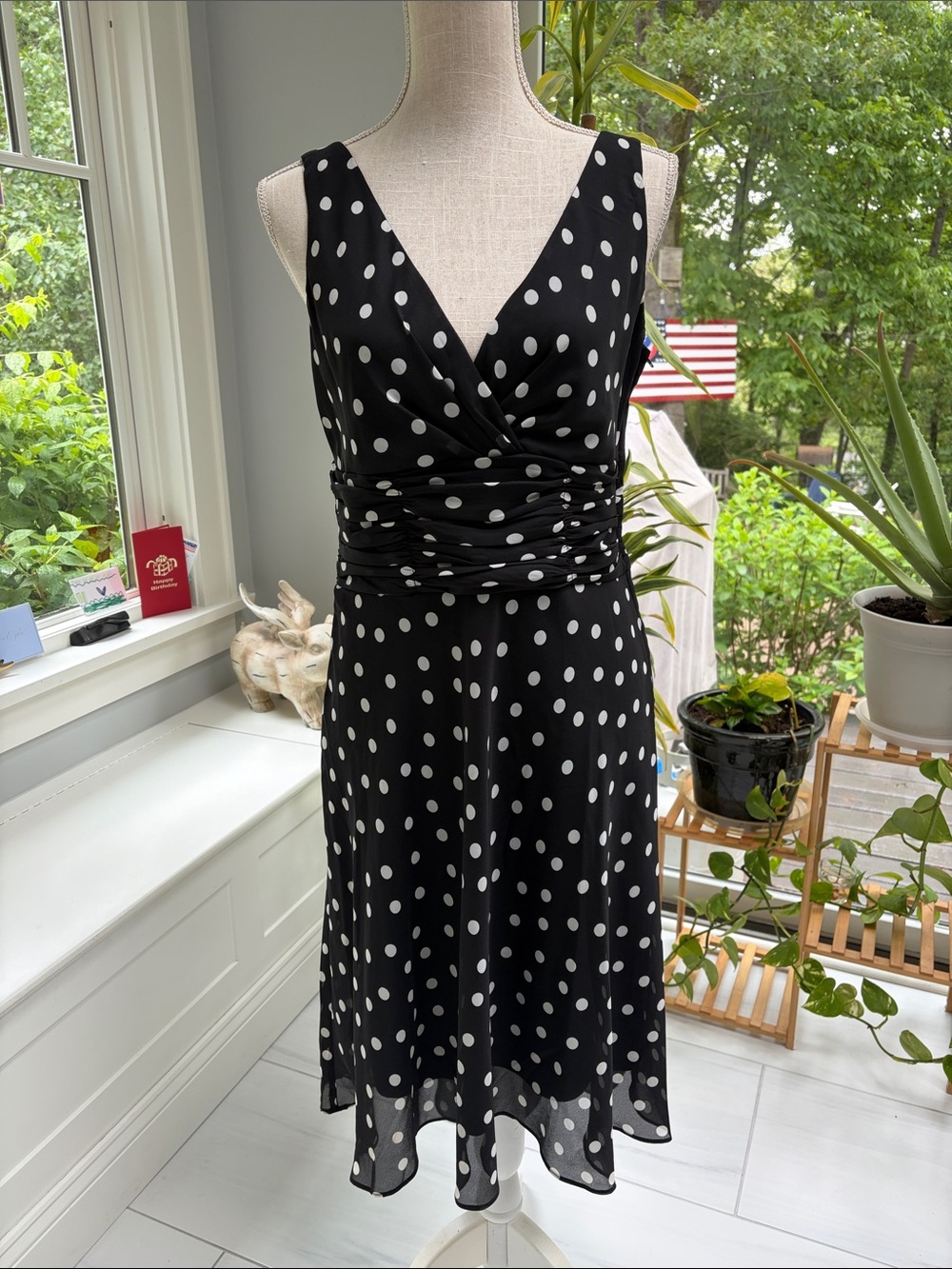 Black and White Polka Dot Midi Dress with Ruched Waist